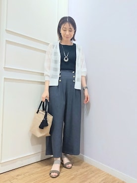 「SHOO・LA・RUE（シューラルー）の【洗濯機可/S-LL】涼し気な透け感 日差し冷房対策に シアーボーダーカーディガン（カーディガン/ボレロ、ホワイト系）」を使った、miomioさん（レディース・157cm）の夏コーディネート