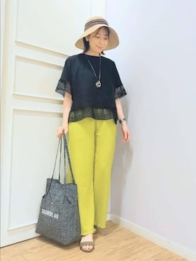 「SHOO・LA・RUE（シューラルー）の【洗濯機可/ひんやり/体型カバー/S-LL】レース使いがポイント デザインTシャツ（Tシャツ/カットソー、ブラック系）」を使った、miomioさん（レディース・157cm）の春コーディネート
