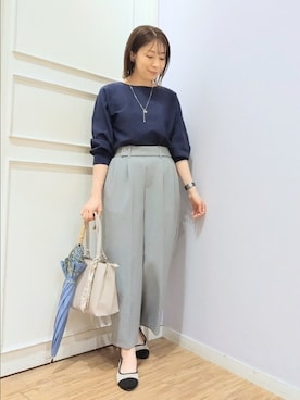 「SHOO・LA・RUE（シューラルー）の【洗濯機可/S-LL】さらりと軽やか インせず着られる すっきり見えドルマンニット（ニット/セーター、ブルー系）」を使った、miomioさん（レディース・157cm）の春コーディネート