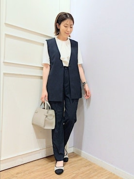 「SHOO・LA・RUE（シューラルー）の【セットアップ可/洗濯後しわになりにくい/S-LL】シンプルで合わせやすい ノーカラージレ（ベスト、ブルー系）」を使った、miomioさん（レディース・157cm）の夏コーディネート