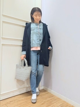 「SHOO・LA・RUE（シューラルー）の【S-LL】体型をカバーしながらスマートに魅せる。ストライプジャカード コーディガン（その他アウター、ブルー系）」を使った、miomioさん（レディース・157cm）の春コーディネート