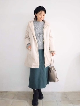 「アイテム（スカート、グリーン系）」を使った、miomioさん（レディース・157cm）の秋コーディネート