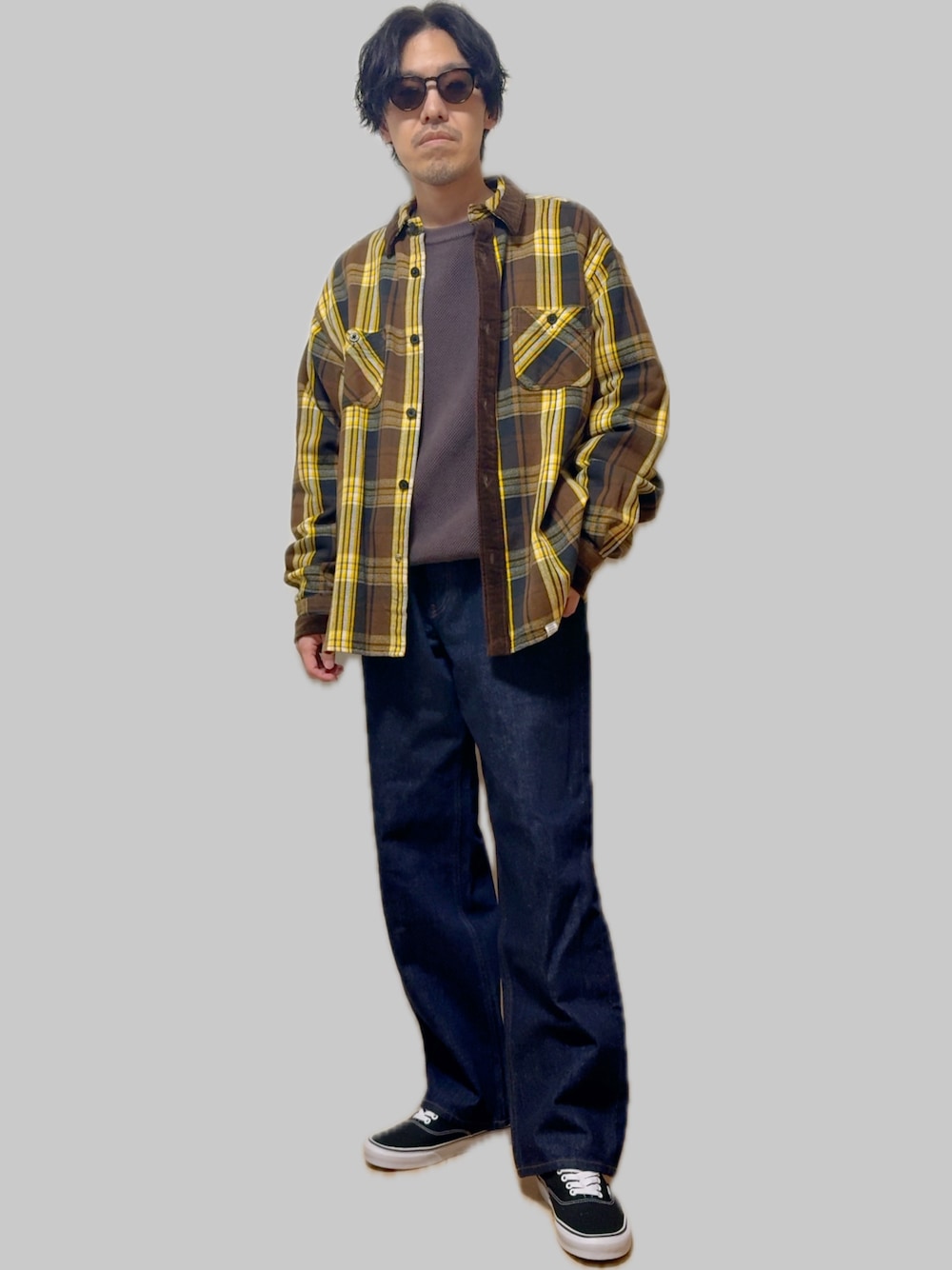 「今日のコーデ、BEDWIN & THE HEARTBREAKERS、ユニクロ、VANS、UNIQLO、JW Anderson x UNIQLO、グランジ、大人カジュアル、シンプルスタイル、40代ファッション、30代コーデ、チェックシャツ」｜「VANSの限定展開 VANS/ヴァンズ UA Authentic / オーセンティック / VN000EE3（スニーカー、ブラック系）」を使った、Ike The Manさん（骨格ウェーブ・メンズ・172cm）の春コーディネートの1枚目の写真
