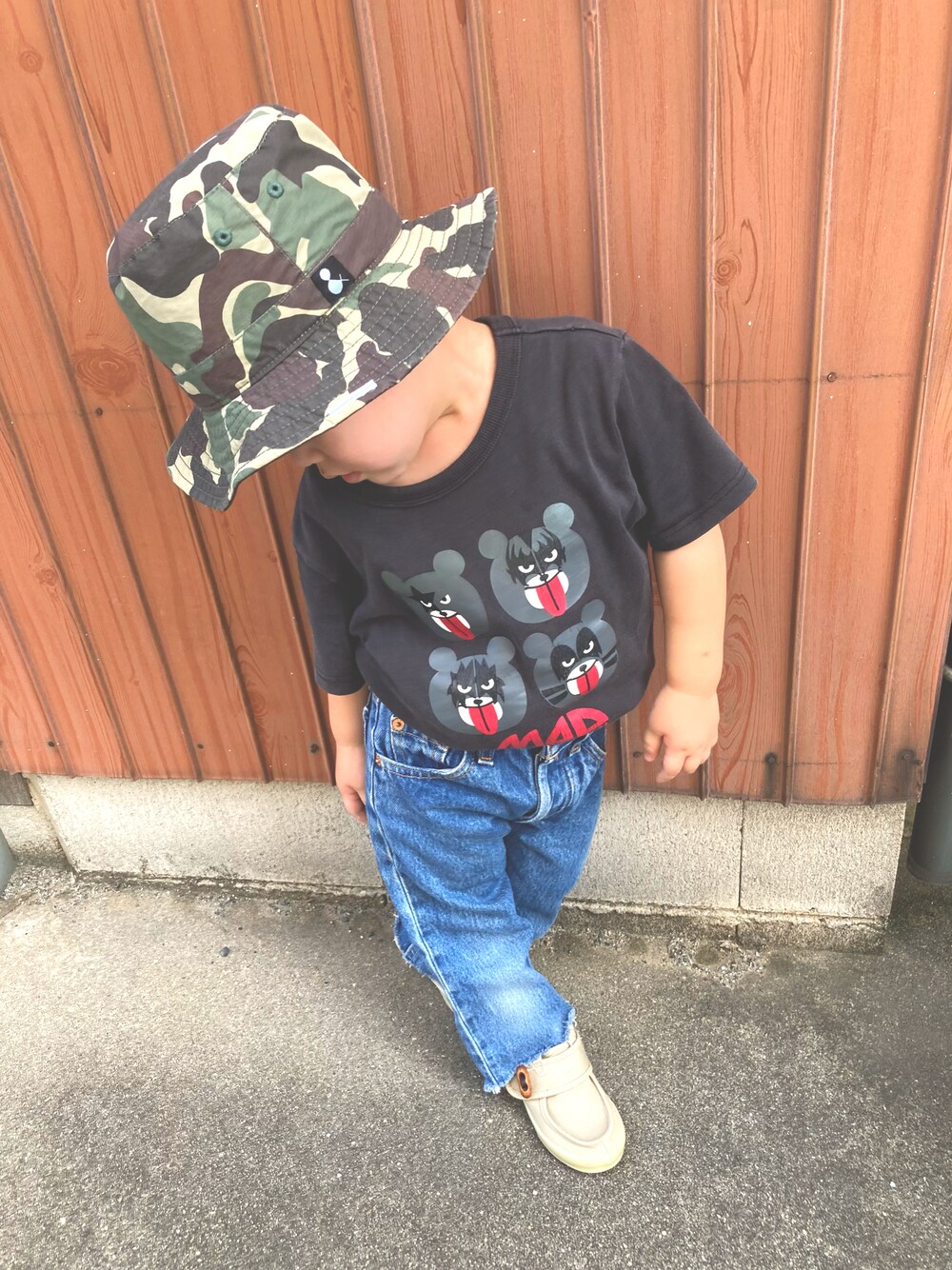 「古着コーデ、夏コーデ、キッズファッション、男の子、帽子、3歳」｜「Ampersandのアイテム（ハット、グリーン系）」を使った、ｋａｎａｔａさん（キッズ・100cm）の夏コーディネートの1枚目の写真