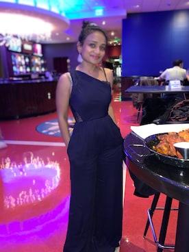 「アイテム（パンツドレス、ブルー系）」を使った、Chandniさん（レディース・157cm）の夏コーディネート