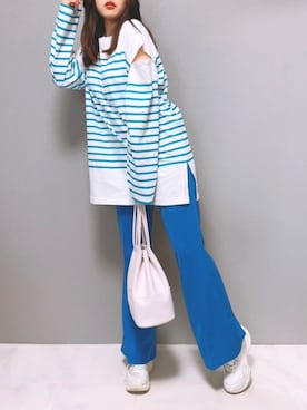 「shopnikoniko（ショップニコニコ）の巾着ショルダーバッグ 巾着型（ショルダーバッグ）」を使った、𝐲𝐮_𝐦𝐢𝐧さん（レディース・162cm）の春コーディネート