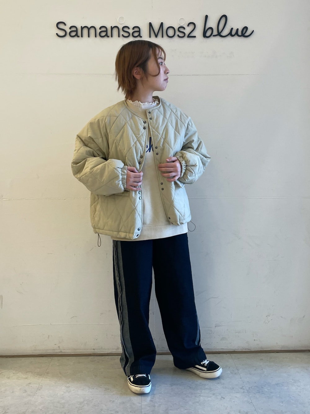 「低身長コーデ、初春コーデ、Samansa Mos2 blue」｜「Samansa Mos2 blueの薄中綿キルトブルゾン（ブルゾン、ベージュ系）」を使った、オオツカさん（レディース・149cm）の冬コーディネートの1枚目の写真