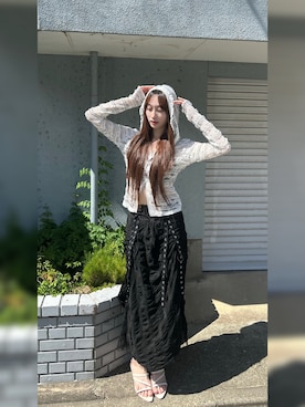 「Sibra（シブラ）のフリルレース×シアー感が魅力のフーディーカーディガン風トップス（Tシャツ/カットソー）」を使った、Яiluhaさん（レディース・168cm・10代）の夏コーディネート