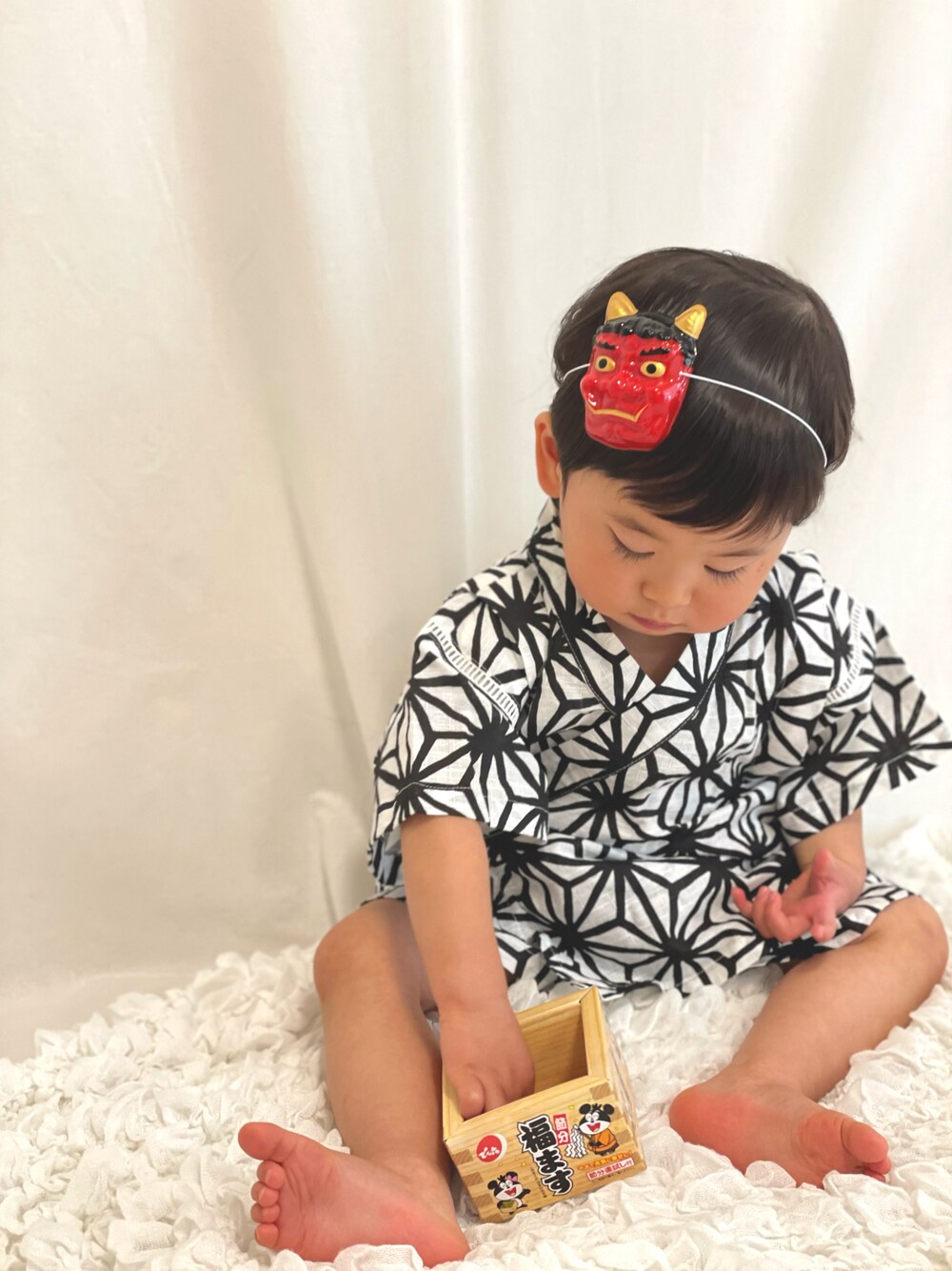 「節分、節分コーデ、1歳、おしゃれさんと繋がりたい、男の子コーデ、おとこのこ、むすこーで、1歳10ヶ月、プティマイン」｜「petit mainのアイテム（浴衣、ホワイト系）」を使った、Kiimanさん（キッズ・80cm）の冬コーディネートの1枚目の写真