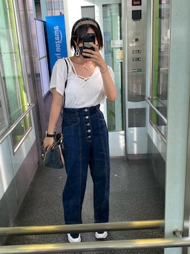 「H&M（エイチ・アンド・エム）のアイテム（Tシャツ/カットソー、ホワイト系）」を使った、kozuecさん（レディース・160cm）の夏コーディネート