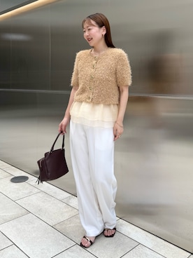 「NOLLEY’S Sophi（ノーリーズソフィ）の裾フリルキャミ付きファンシーヤーン5分袖カーディガン（ニット/セーター、イエロー系）」を使った、nol sachieさん（レディース・160cm）の夏コーディネート
