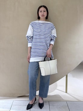 「ROPE'（ロペ）の【E'POR】BAMBOO BAG Medium/軽量・通勤・26SS（ハンドバッグ、ホワイト系）」を使った、YUIさん（レディース・161cm）の春コーディネート