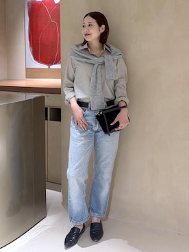 「ROPE'（ロペ）の【J'aDoRe・一部店舗限定サイズ】先染めコットンストライプシャツ/イージーケア（シャツ/ブラウス、ブラウン系）」を使った、YUIさん（レディース・161cm）の秋コーディネート