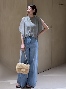 「ROPE'（ロペ）のLEVITA レイヤードニットプルーオーバー(ケープ×タンクトップ)/接触冷感・イージーケア（Tシャツ/カットソー、ベージュ系）」を使った、YUIさん（レディース・161cm）の夏コーディネート