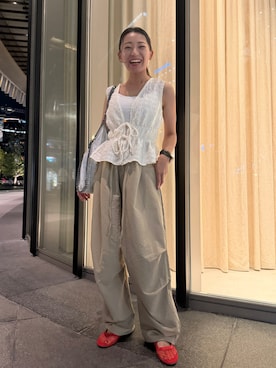 「ampm（エーエムピーエム）のタックバルーンワイドパンツ（その他パンツ、グリーン系）」を使った、kimieさん（レディース・152cm）の夏コーディネート