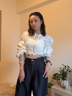 「ampm（エーエムピーエム）のドット柄チュールロングスリーブトップス（Tシャツ/カットソー、ホワイト系）」を使った、kimieさん（レディース・152cm）の夏コーディネート