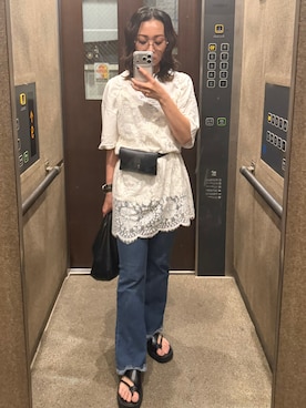 「ampm（エーエムピーエム）のレースキャミチュニックワンピース（ワンピース、ホワイト系）」を使った、kimieさん（レディース・152cm）の夏コーディネート