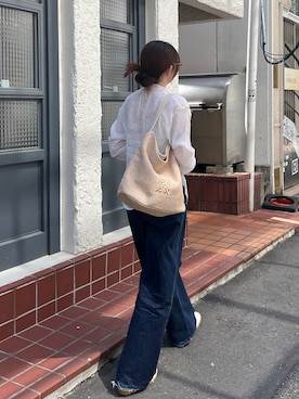 「russet（ラシット）のナイロンラフィアワンショルダーバッグ（ショルダーバッグ、ホワイト系）」を使った、kanaさん（レディース・168cm）の春コーディネート