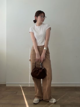「russet（ラシット）の【WEB限定】スエード巾着4WAYショルダーバッグ（ショルダーバッグ、ブラウン系）」を使った、kanaさん（レディース・168cm）の夏コーディネート