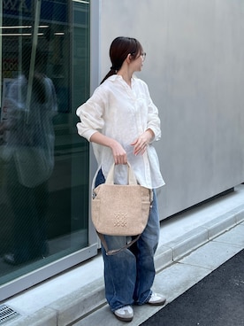「russet（ラシット）のナイロンラフィア2WAYトートバッグ（トートバッグ、ホワイト系）」を使った、kanaさん（レディース・168cm）の春コーディネート