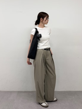 「russet（ラシット）のレザーホーボーバッグ L（ショルダーバッグ、ブラック系）」を使った、kanaさん（レディース・168cm）の夏コーディネート