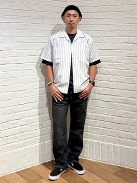 「B:MING by BEAMS（ビーミングバイビームス）の吸水速乾 ストライプ オープンカラー シャツ（シャツ/ブラウス）」を使った、B:MING by BEAMS MENさん（メンズ・173cm）の夏コーディネート