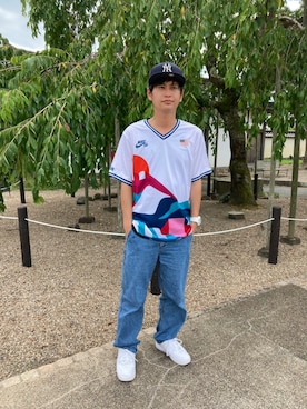 「NIKE（ナイキ）のアイテム（Tシャツ/カットソー、ホワイト系）」を使った、gagamalu23さん（メンズ・174cm）の夏コーディネート