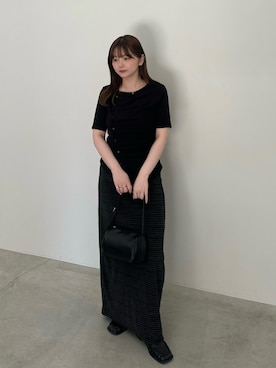 「select MOCA（セレクトモカ）のアシメボタンデザイントップス（Tシャツ/カットソー、ブラック系）」を使った、ruriさん（レディース・148cm）の夏コーディネート
