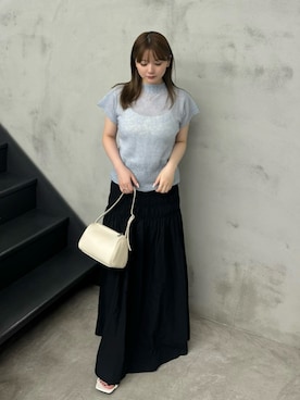 「select MOCA（セレクトモカ）のプチハイリブネックエアリーニットトップス（ニット/セーター、ブルー系）」を使った、ruriさん（レディース・148cm）の夏コーディネート