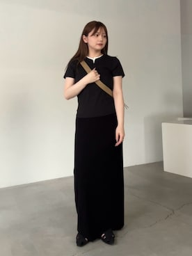 「select MOCA（セレクトモカ）のレイヤードライクヘンリーネックＴシャツ（Tシャツ/カットソー、ブラック系）」を使った、ruriさん（レディース・148cm）の夏コーディネート