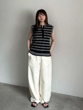 「select MOCA（セレクトモカ）のサマーニットブークレボーダーノースリーブトップス（ニット/セーター、ブラック系）」を使った、ruriさん（レディース・148cm）の春コーディネート