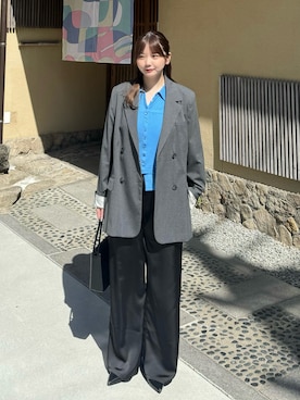 「select MOCA（セレクトモカ）のストレートイージーサテンパンツ【セットアップ対応】（その他パンツ、ブラック系）」を使った、ruriさん（レディース・148cm）の春コーディネート