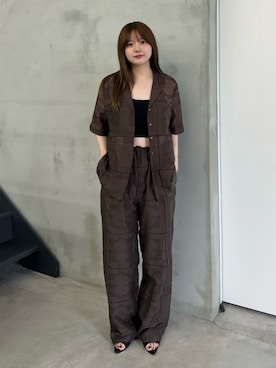 「select MOCA（セレクトモカ）のパッチワークエンブロイダリーハーフシャツジャケット【セットアップ可】（シャツ/ブラウス、ブラウン系）」を使った、ruriさん（レディース・148cm）の夏コーディネート