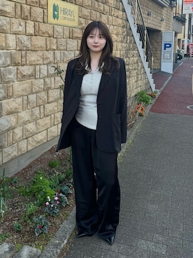 「select MOCA by son（セレクトモカバイソン）のオーバーサイズテーラードジャケット（テーラードジャケット、ブラック系）」を使った、ruriさん（レディース・148cm）の春コーディネート