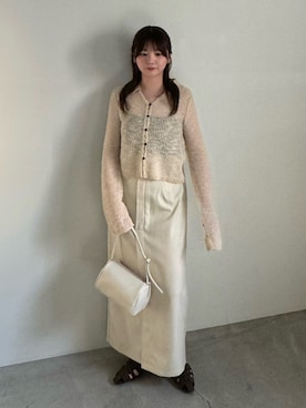 「select MOCA（セレクトモカ）のボタンデザイン透かし編みショートカーディガン（カーディガン/ボレロ、ベージュ系）」を使った、ruriさん（レディース・148cm）の春コーディネート