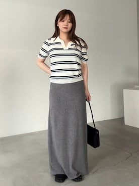 「select MOCA（セレクトモカ）のボーダースキッパーポロニット（ニット/セーター、ベージュ系）」を使った、ruriさん（レディース・148cm）の夏コーディネート
