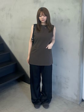 「select MOCA（セレクトモカ）のフロントポケットツイルベスト【セットアップ対応】（ベスト、ブラウン系）」を使った、ruriさん（レディース・148cm）の夏コーディネート
