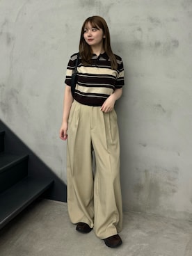 「select MOCA（セレクトモカ）のマルチボーダーポロニット（ニット/セーター、ブラウン系）」を使った、ruriさん（レディース・148cm）の夏コーディネート