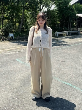 「select MOCA（セレクトモカ）のボタンデザイン透かし編みショートカーディガン（カーディガン/ボレロ、ベージュ系）」を使った、ruriさん（レディース・148cm）の春コーディネート