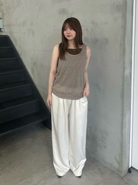 「select MOCA（セレクトモカ）のリネンシアーワッフルタンクテレコキャミセット（タンクトップ、ベージュ系）」を使った、ruriさん（レディース・148cm）の夏コーディネート