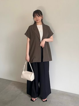 「select MOCA（セレクトモカ）のリネンタッチフレンチスリーブテーラードジャケット【セットアップ対応可】（テーラードジャケット、ブラウン系）」を使った、ruriさん（レディース・148cm）の夏コーディネート