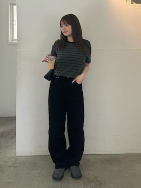 「select MOCA（セレクトモカ）のパイルボーダーTシャツ（Tシャツ/カットソー、グレー系）」を使った、ruriさん（レディース・148cm）の夏コーディネート