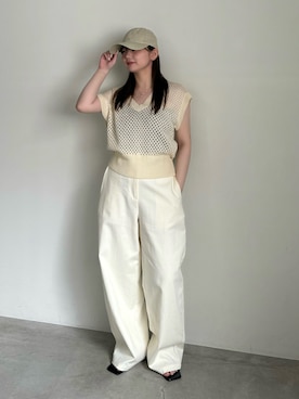 「select MOCA（セレクトモカ）のフレンチスリーブリネンタッチメッシュベスト（ベスト、ベージュ系）」を使った、ruriさん（レディース・148cm）の夏コーディネート