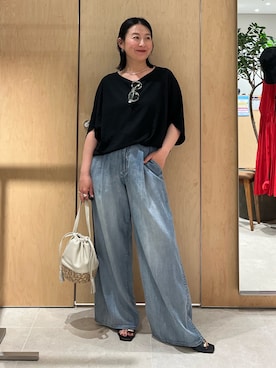 「GALLARDAGALANTE（ガリャルダガランテ）の【夏でも快適】シアーデニムパンツ（その他パンツ、ブルー系）」を使った、ggchikaさん（レディース・156cm）の春コーディネート