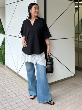 「GALLARDAGALANTE（ガリャルダガランテ）のスキッパーブラウス（シャツ/ブラウス、ブラック系）」を使った、ggchikaさん（レディース・156cm）の春コーディネート