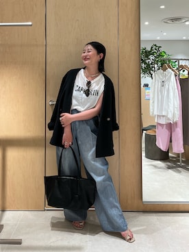 「GALLARDAGALANTE（ガリャルダガランテ）の【夏でも快適】シアーデニムパンツ（その他パンツ、ブルー系）」を使った、ggchikaさん（レディース・156cm）の春コーディネート