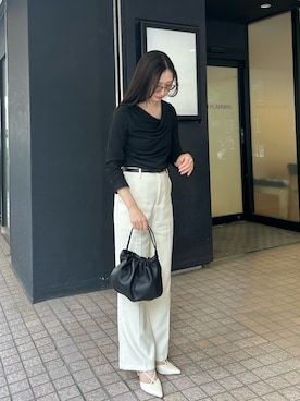 「russet（ラシット）のレザー巾着4WAYショルダーバッグ（ショルダーバッグ、ブラック系）」を使った、chiiiisnさん（レディース・157cm）の夏コーディネート