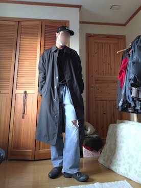 「usedのアイテム（ステンカラーコート、ブラック系）」を使った、shunさん（メンズ・177cm）の春コーディネート
