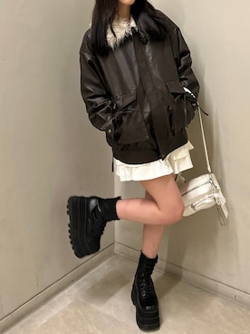「アイテム（ライダースジャケット）」を使った、ゆつきさん（レディース・161cm）の秋コーディネート
