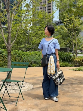 「CIAOPANIC（チャオパニック）のアイテム（シャツ/ブラウス、ブルー系）」を使った、MoonAesilさん（レディース・165cm）の夏コーディネート
